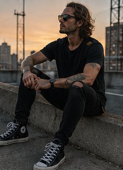 Seated at sunset wearing the tee