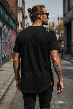 Back view of the tee on a city street
